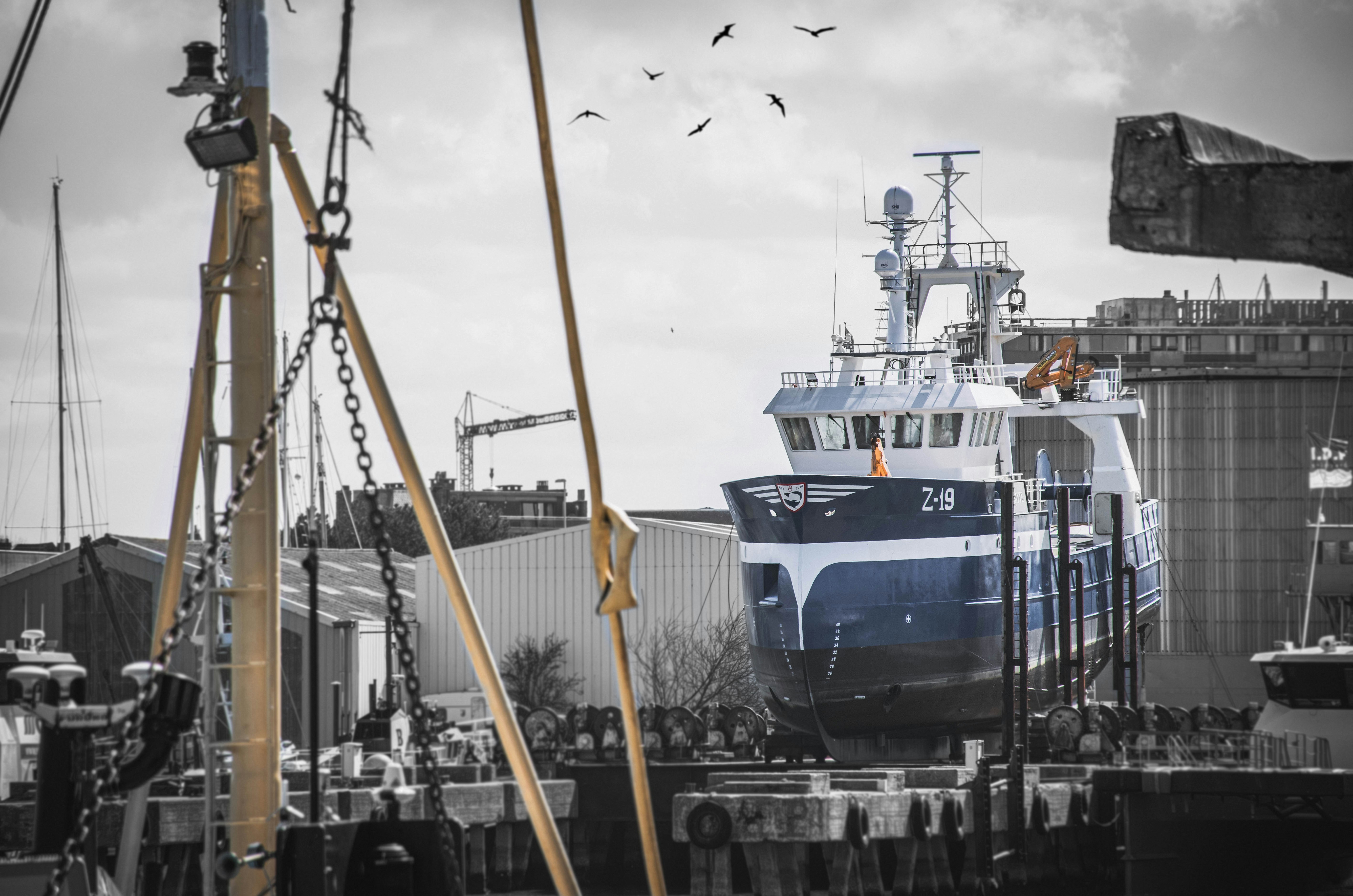 blue and white ship on dock during daytime